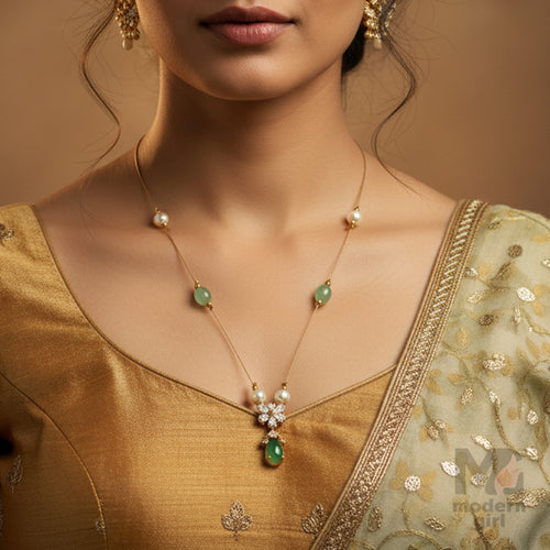 Invisible Chain Necklace with Green Pendant & Pearls