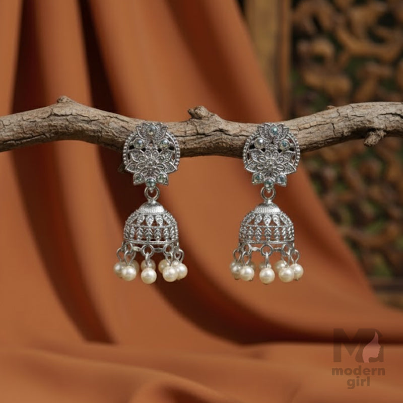 Silver-Plated Pearl Drop Jhumka Earrings with Stone Floral Stud