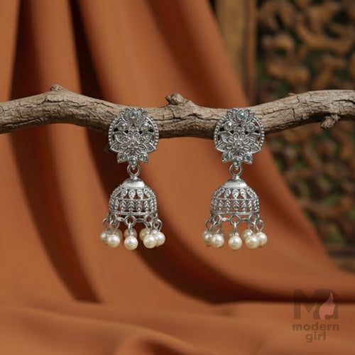 Silver-Plated Pearl Drop Jhumka Earrings with Stone Floral Stud