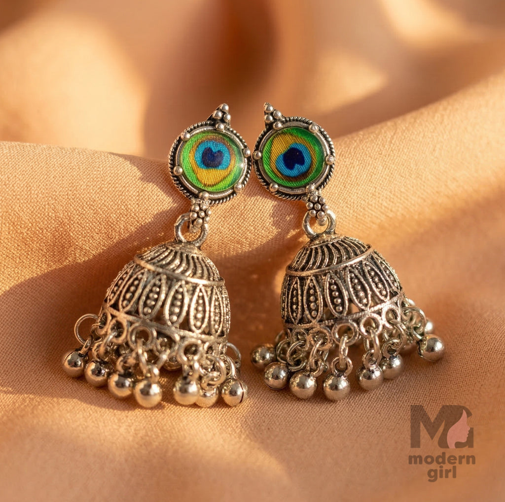Peacock Eye Oxidised Silver Jhumka Earrings | Traditional Ethnic Jewelry for Women