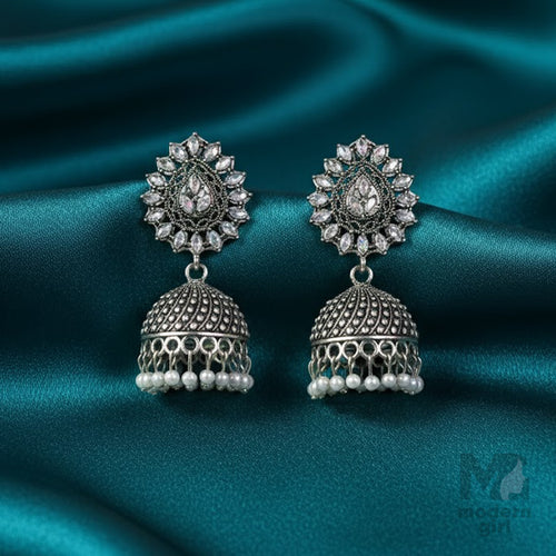 German Silver Stone-Studded Floral Jhumka Earrings with Pearl Drops