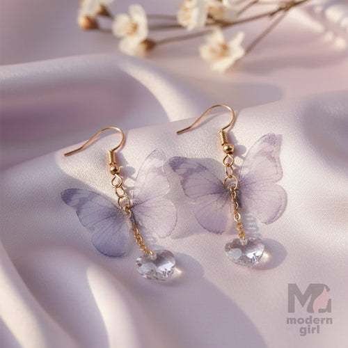 Butterfly Designed Heart Hanging Drop Dangle Earrings