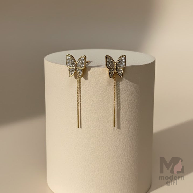 Gold Butterfly Chain Drop Earrings with Crystal Stones