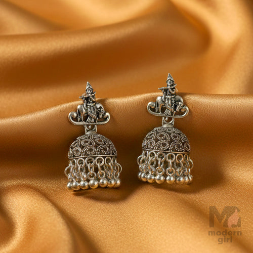 Oxidised Silver Krishna Temple Jhumka Earrings