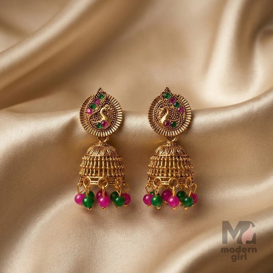 Peacock Motif Antique Gold Jhumka Earrings