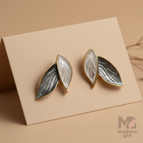 Dual-Tone Leaf Stud Earrings for Women – Elegant Silver & Black Design
