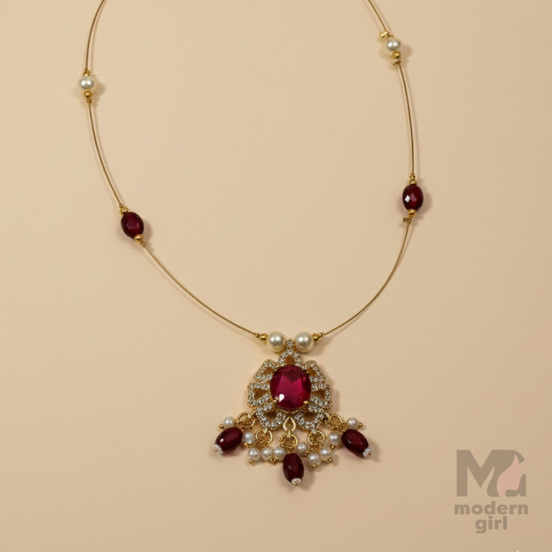 Invisible Chain Necklace with Ruby Pendant & Pearls