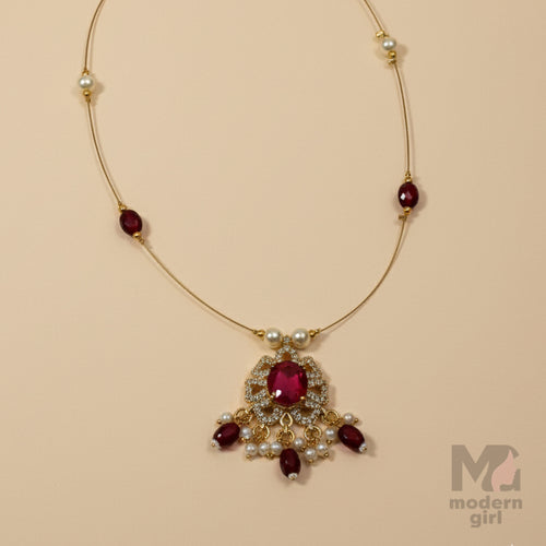 Invisible Chain Necklace with Ruby Pendant & Pearls