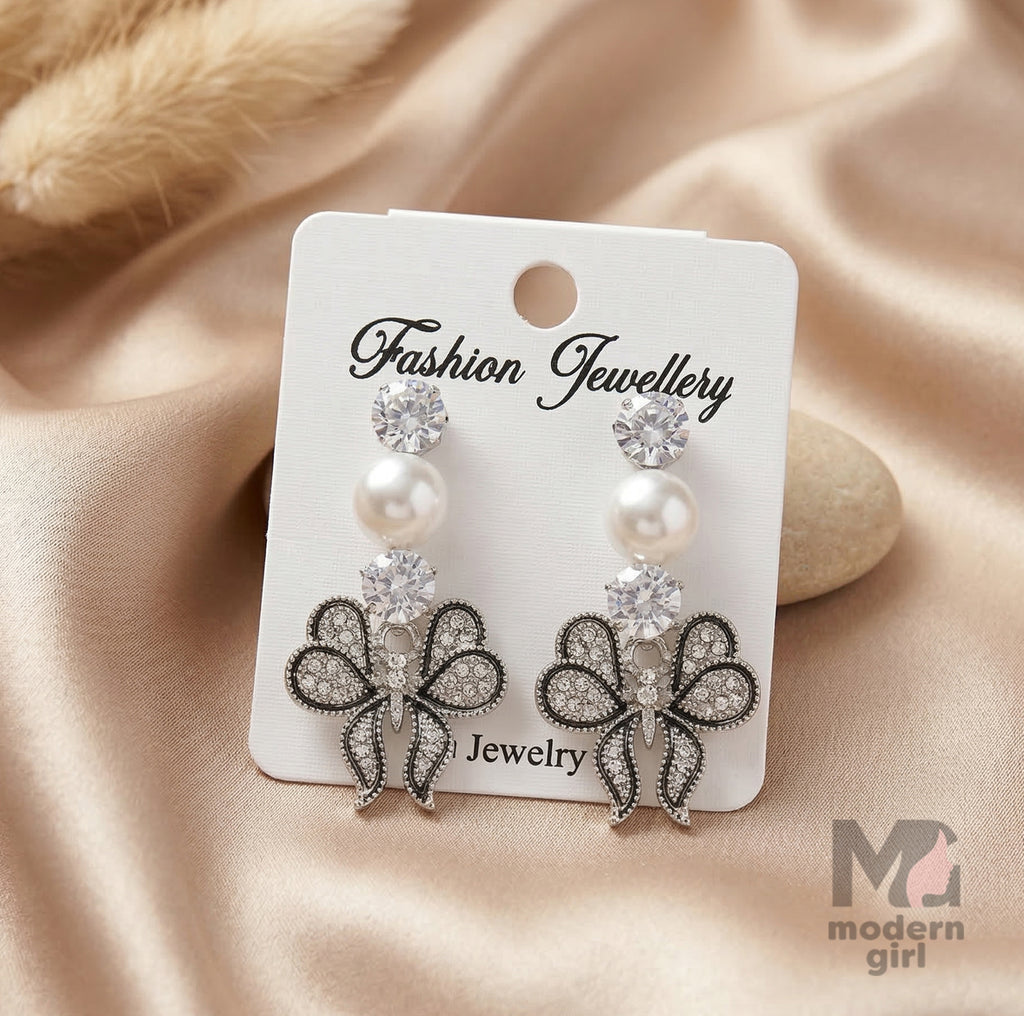 Elegant Silver Floral Pearl & Crystal Drop Earrings