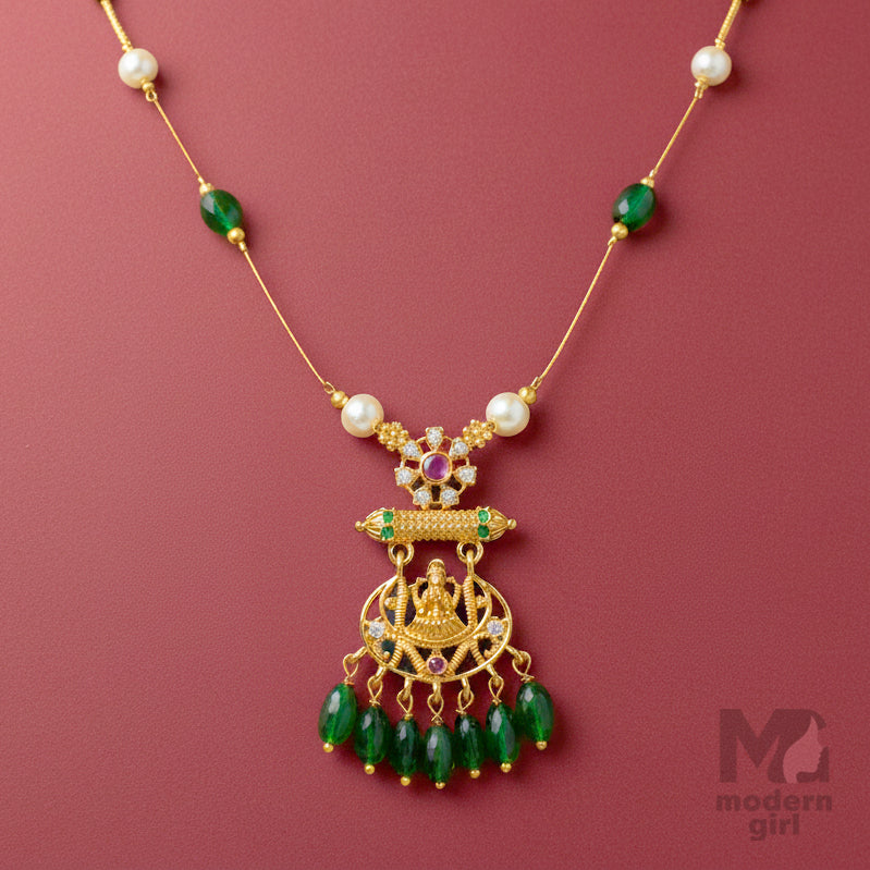 Invisible Chain Green Bead & Pearl Pendant Necklace – Gold-Plated Traditional Jewelry for Women