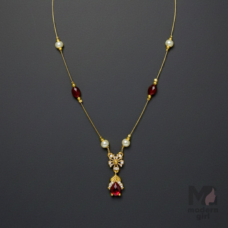 Invisible Chain Necklace with Red Teardrop & Pearls