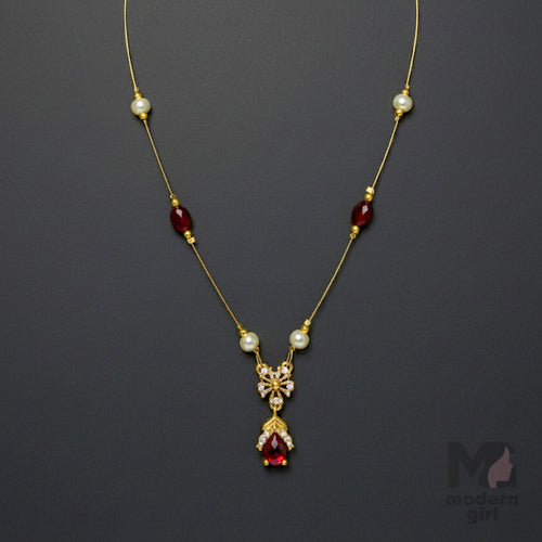 Invisible Chain Necklace with Red Teardrop & Pearls