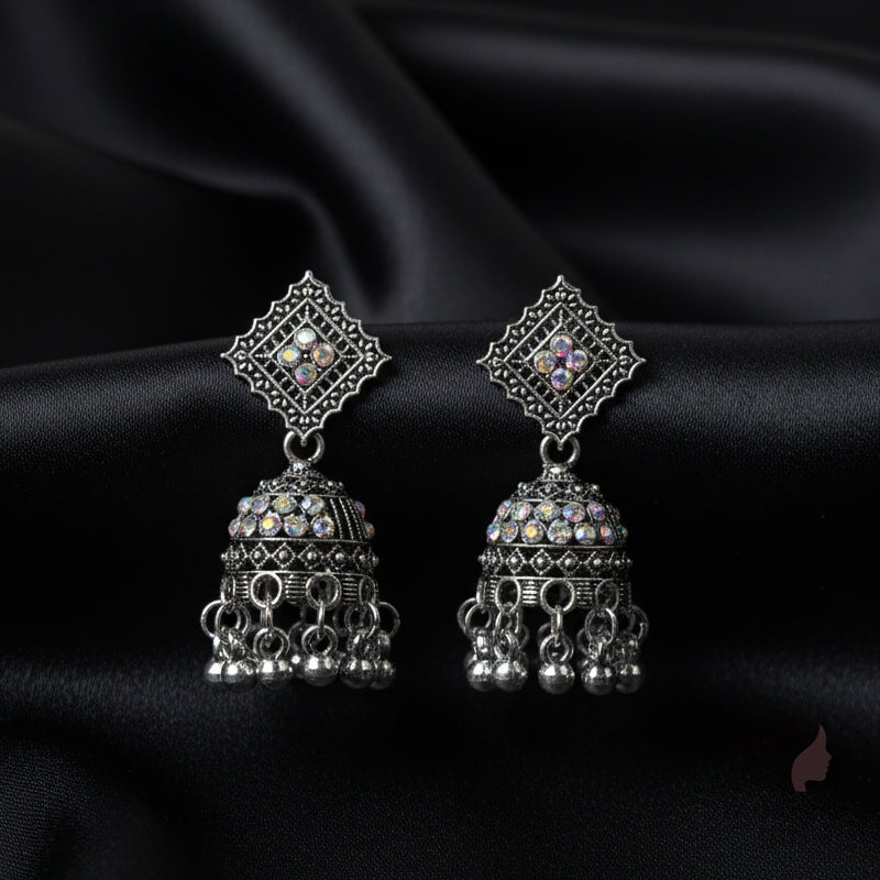 Stone Studded Oxidised Jhumka Earrings