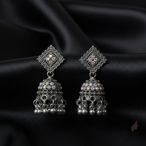 Stone Studded Oxidised Jhumka Earrings