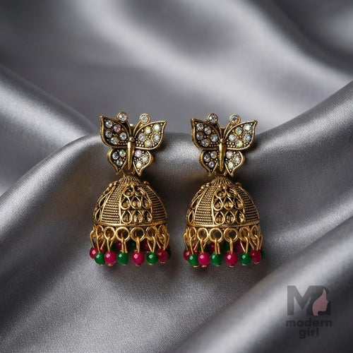 Butterfly Stone  Jhumka – Antique Gold Finish with Red & Green Beads