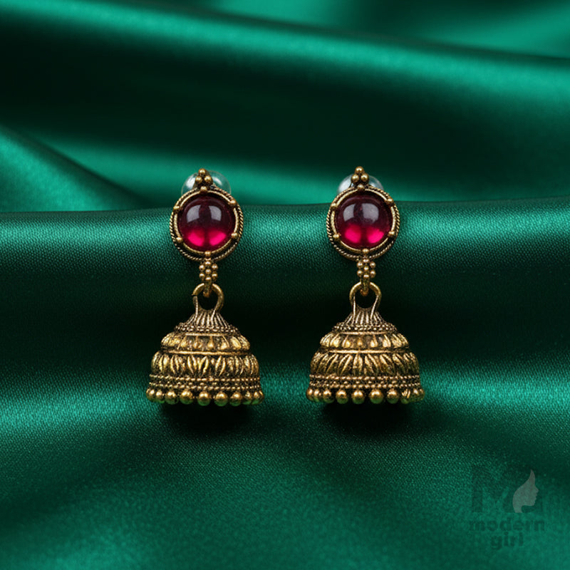 Antique Gold with Ruby Red Stone Jhumka