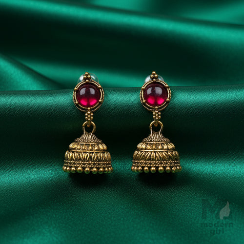 Antique Gold with Ruby Red Stone Jhumka