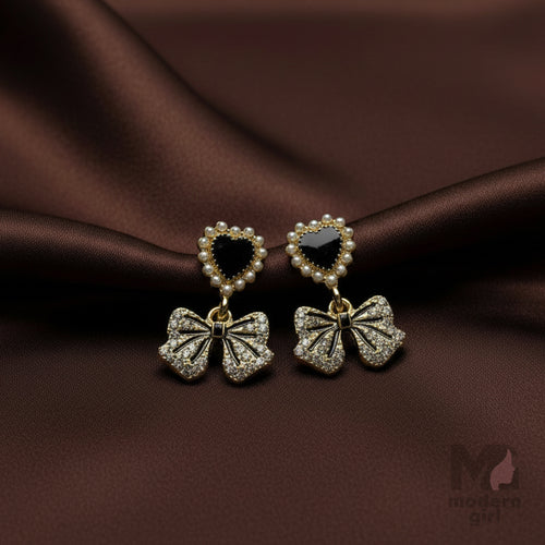 Black Heart & Bow Drop Earrings with Pearl and Crystal Detailing – Elegant Party Wear Jewelry