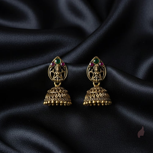 Antique Goddess Lakshmi Temple Jhumka with Kemp Stones