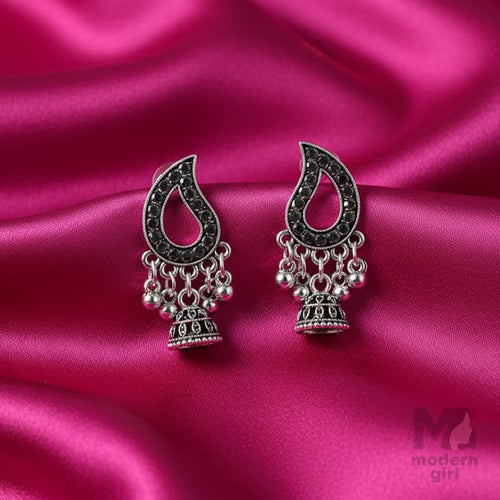 German Silver Paisley Drop Earrings with Mini Jhumka Design