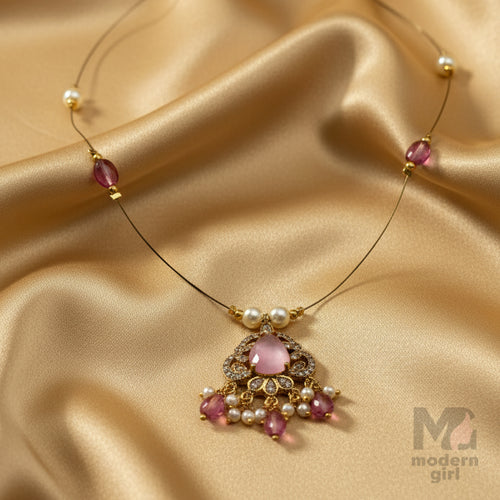 Invisible Chain Necklace with Pink Stone & Pearls