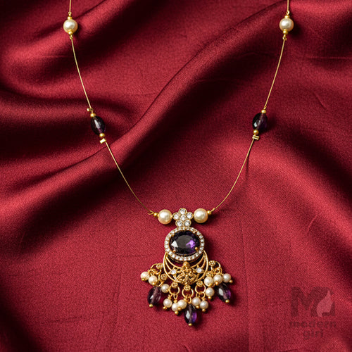 Invisible Chain Necklace with Purple Stone & Pearls