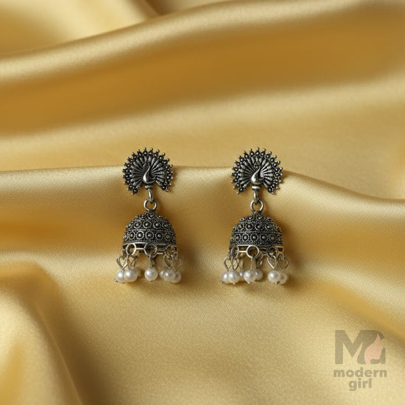 Oxidised Peacock Jhumka with Pearl Drops
