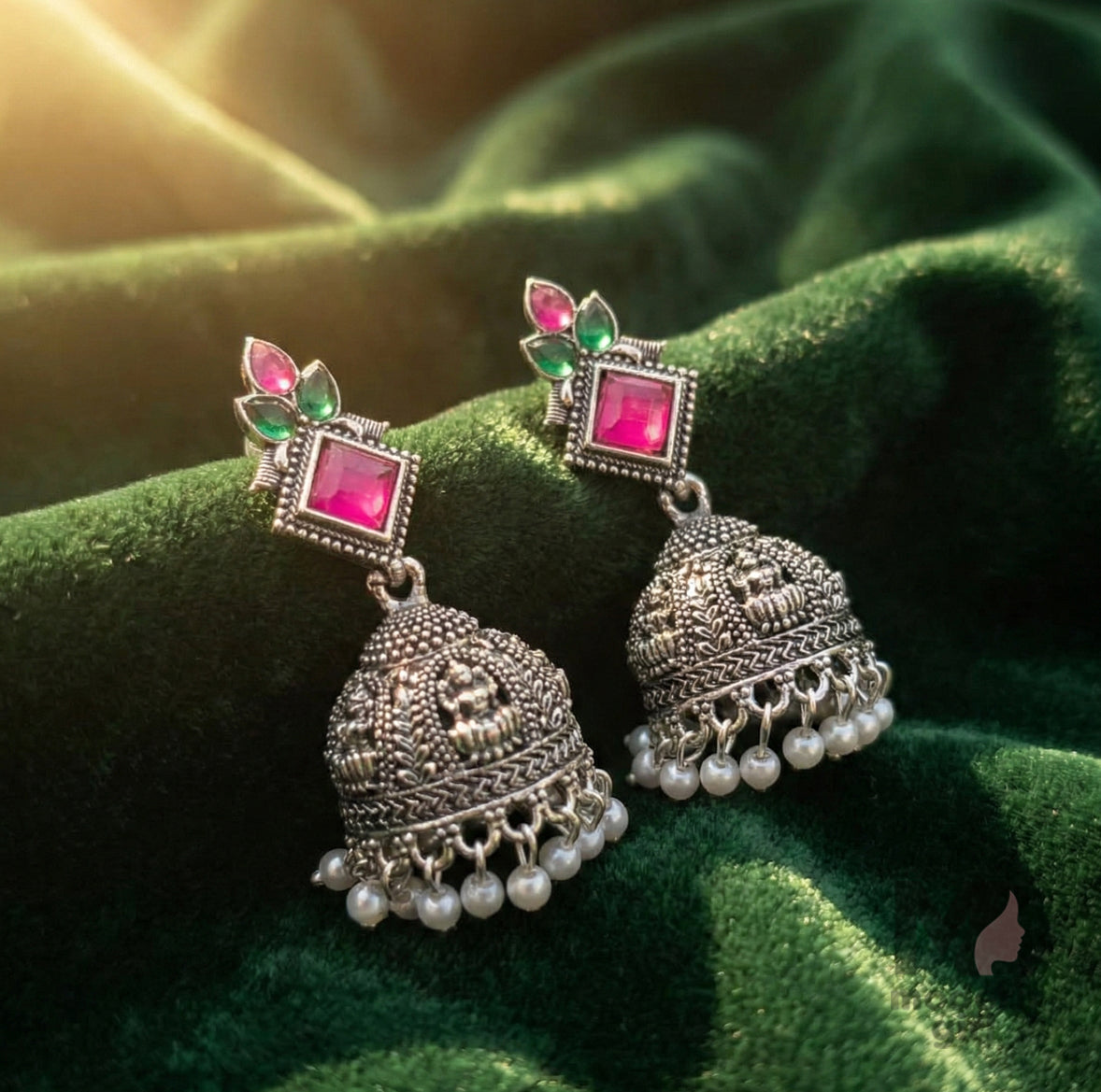 Oxidised Silver Temple Jhumka Earrings with Pink Stone & Pearl Drops
