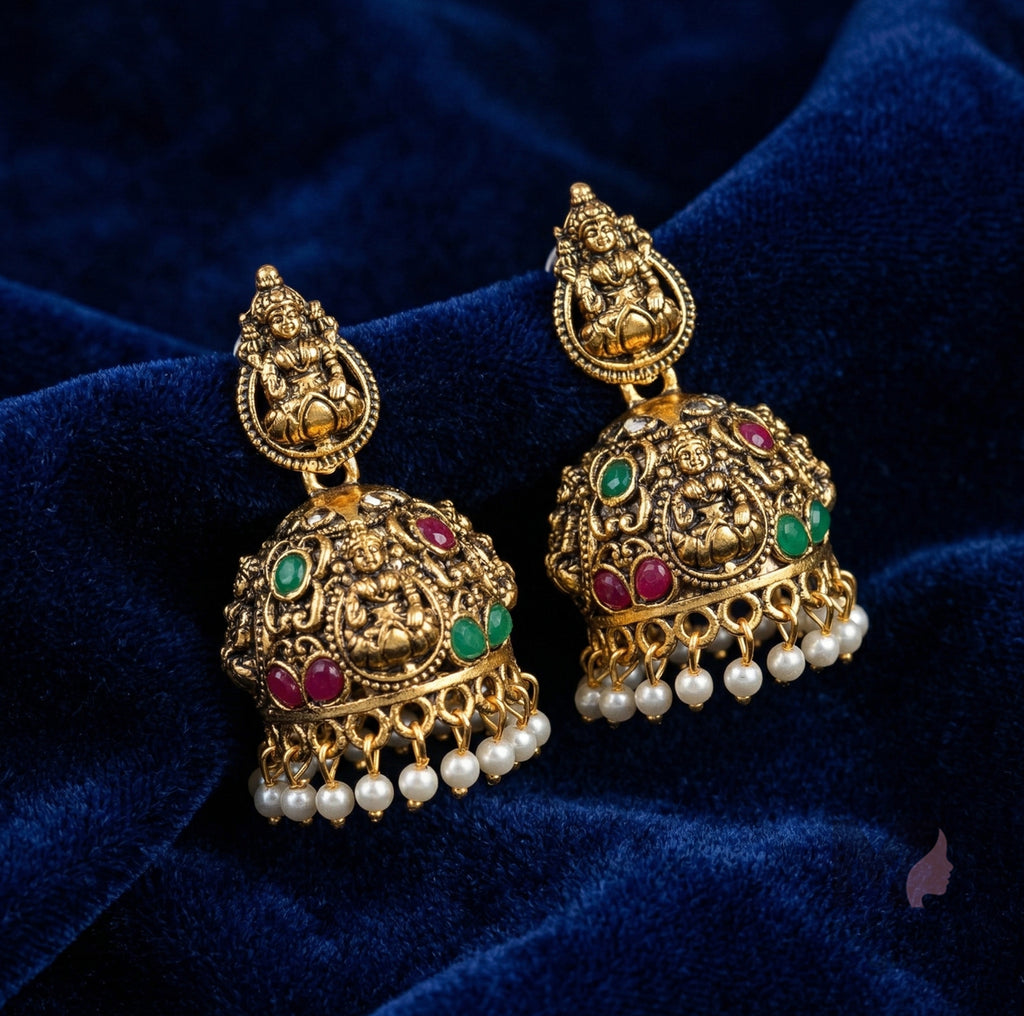 Temple Lakshmi Jhumka Earrings with Pearl Drops