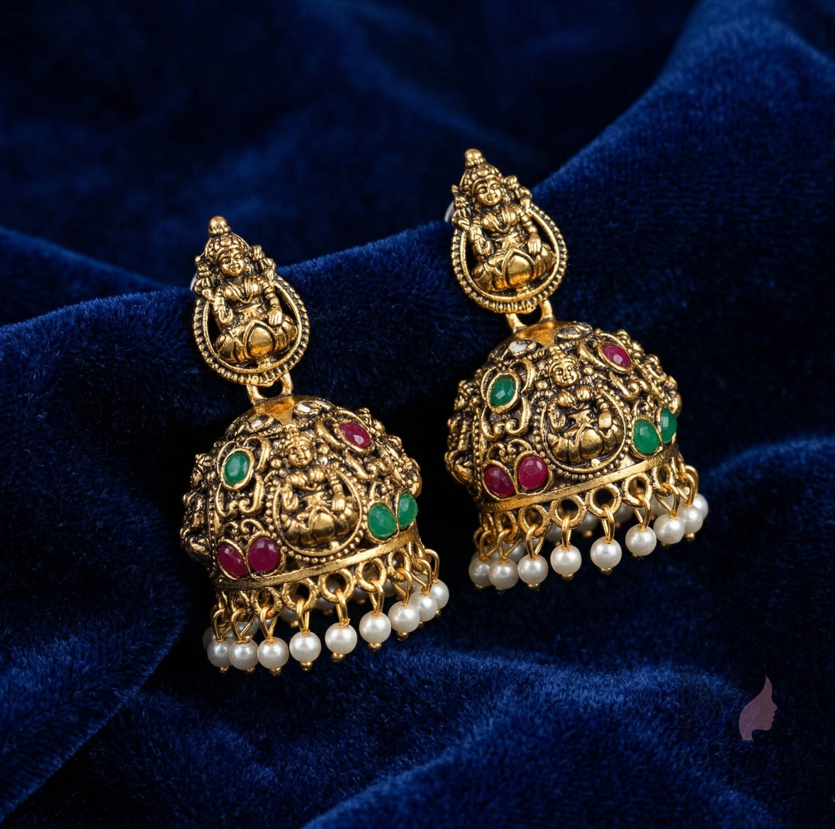 Temple Lakshmi Jhumka Earrings with Pearl Drops