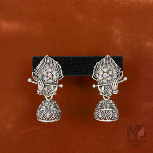 Oxidised Silver Krishna Flute Design Jhumka Earring