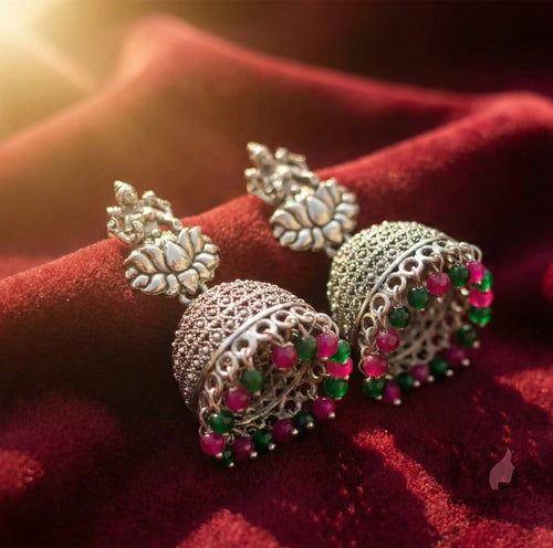 Oxidised Silver Lakshmi Jhumka Earrings with Pink & Green Beads