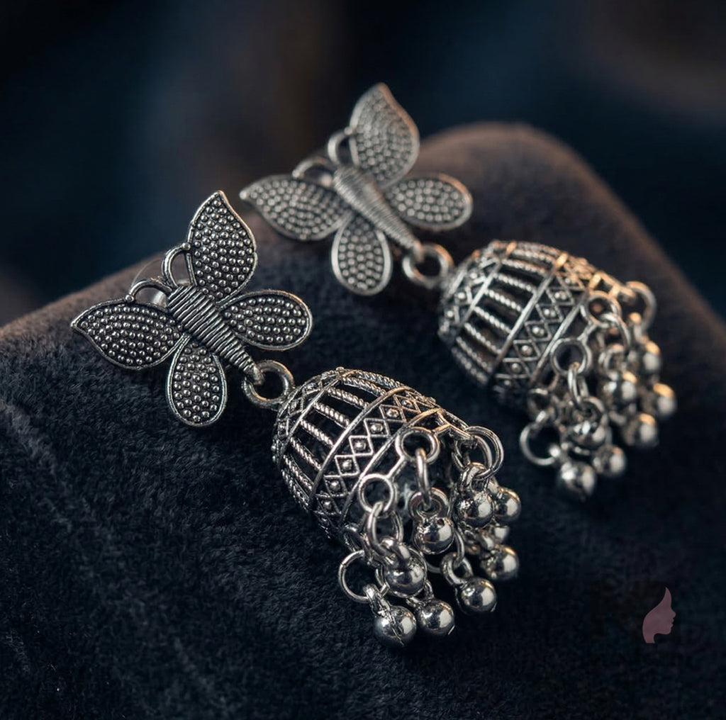 Butterfly Oxidised Silver Jhumka Earrings | Trendy Boho Ethnic Jewelry for Women