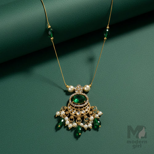 Invisible Chain Necklace with Green Oval Pendant & Pearls