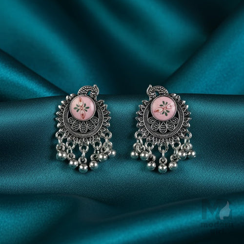 German Silver Earrings with Pink Floral Design & Silver Bead Danglers