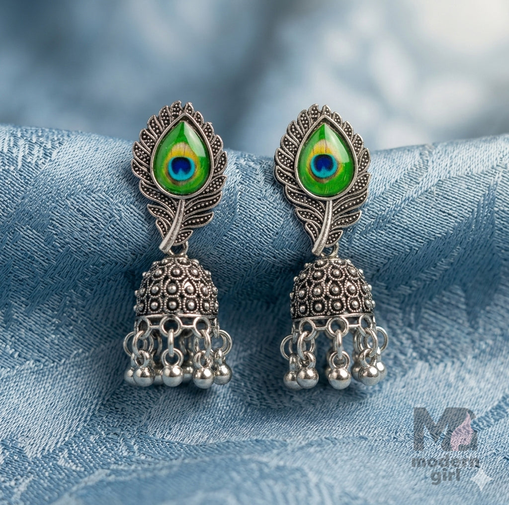 Peacock Feather Silver Jhumka Earrings | Oxidised Traditional Ethnic Jewelry for Women