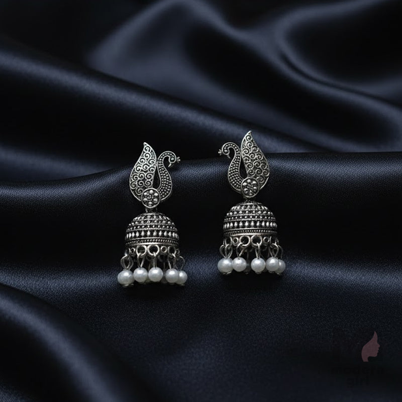 Royal Peacock Oxidised Jhumka with Pearl Drops