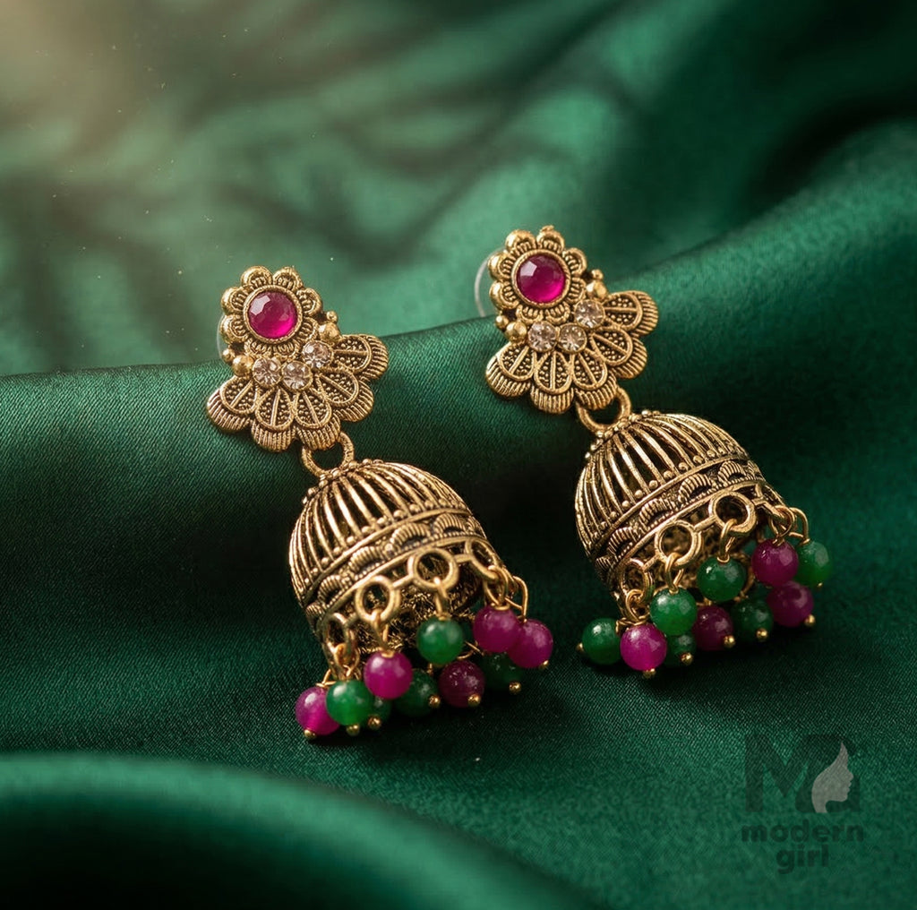Traditional Gold Jhumka Earrings with Ruby & Green Beads