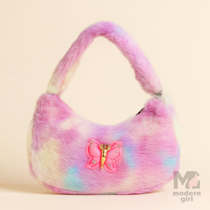 Pastel Fur Shoulder Bag with Butterfly Charm – Cute & Trendy Handbag for Girls
