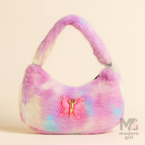 Pastel Fur Shoulder Bag with Butterfly Charm – Cute & Trendy Handbag for Girls
