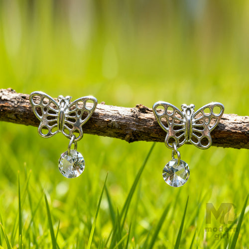 Butterfly Crystal Drop Earrings – Silver Finish