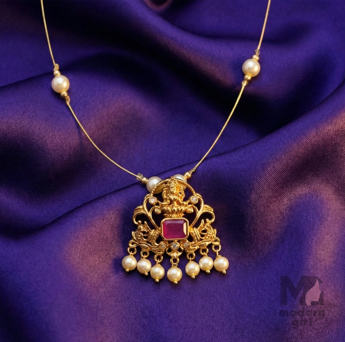 Traditional Lakshmi Pink Stone Pearl Pendant Necklace