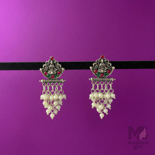 Oxidised Silver Temple Earrings with Red & Green Stones and Pearl Hangings