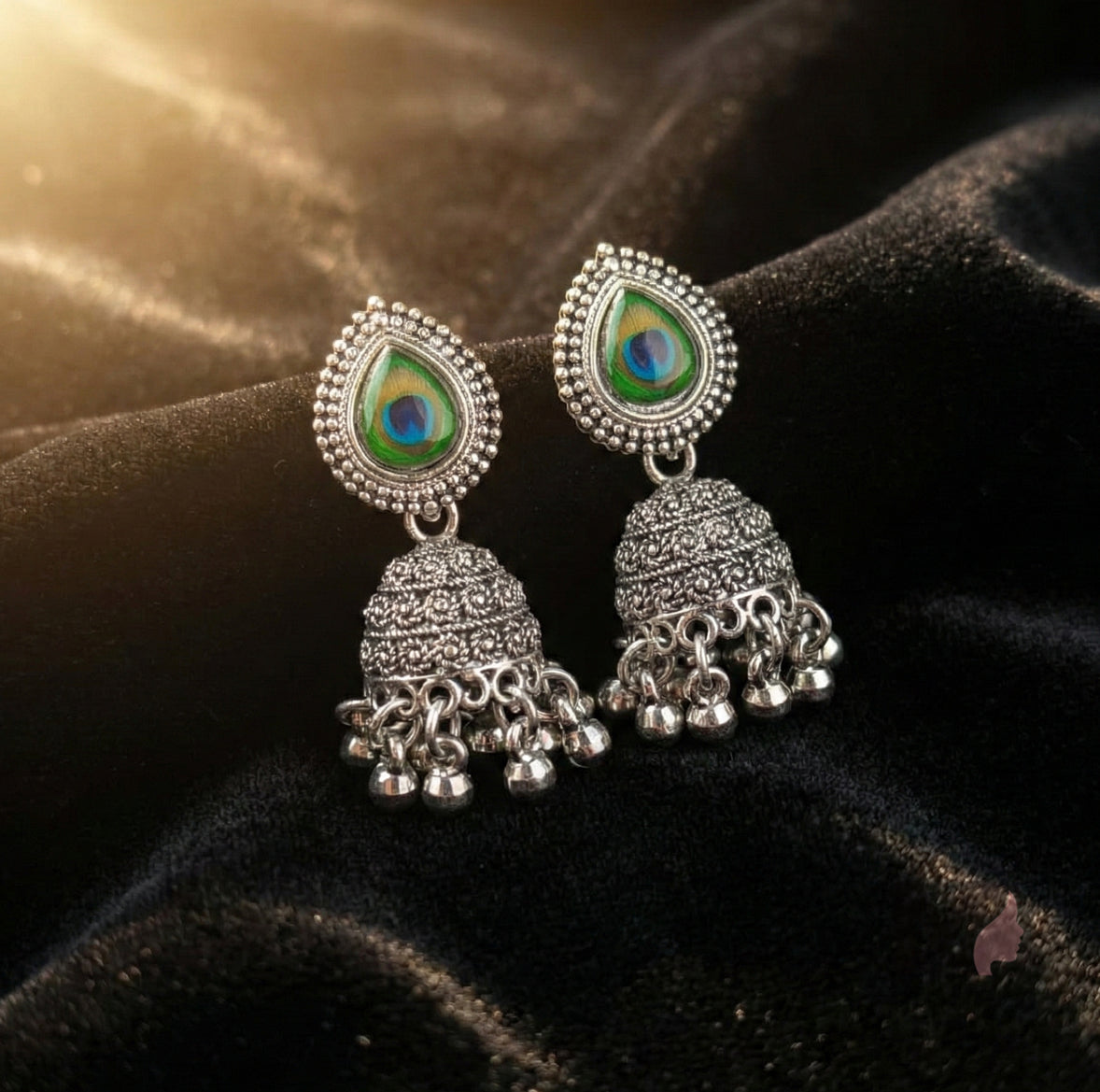 Peacock Feather Designed Silver Jhumka