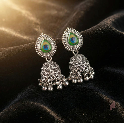 Peacock Feather Designed Silver Jhumka