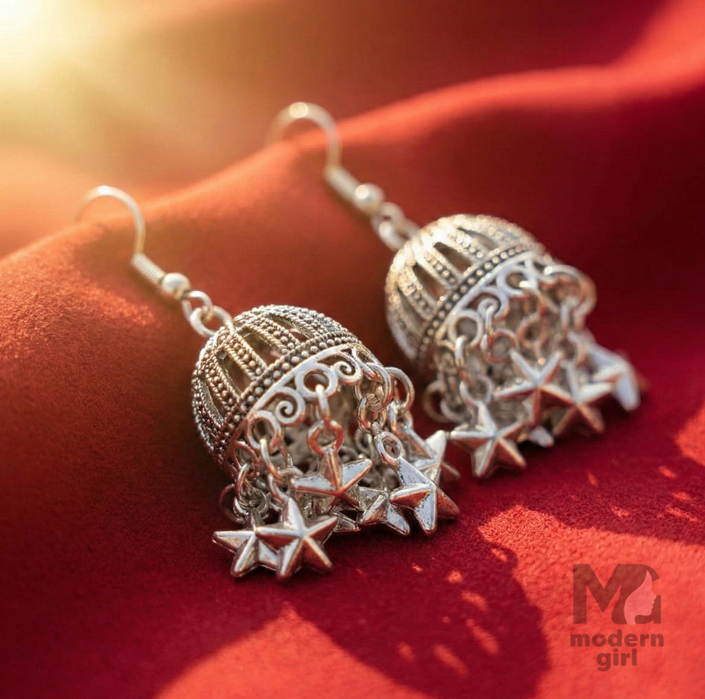 Oxidised Silver Star Jhumka Earrings