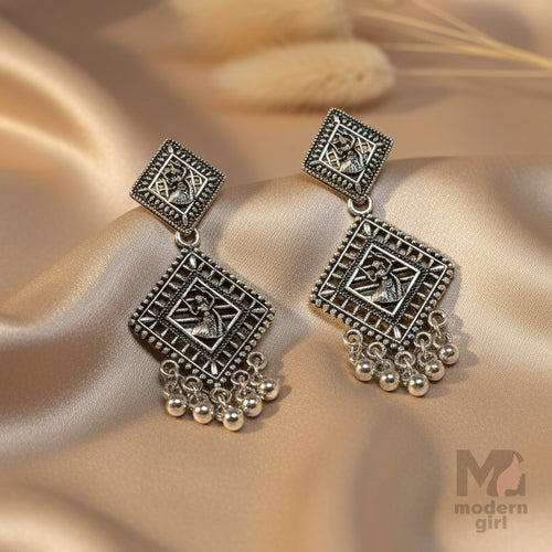 Oxidised Square Dangler Bead Drops Earrings