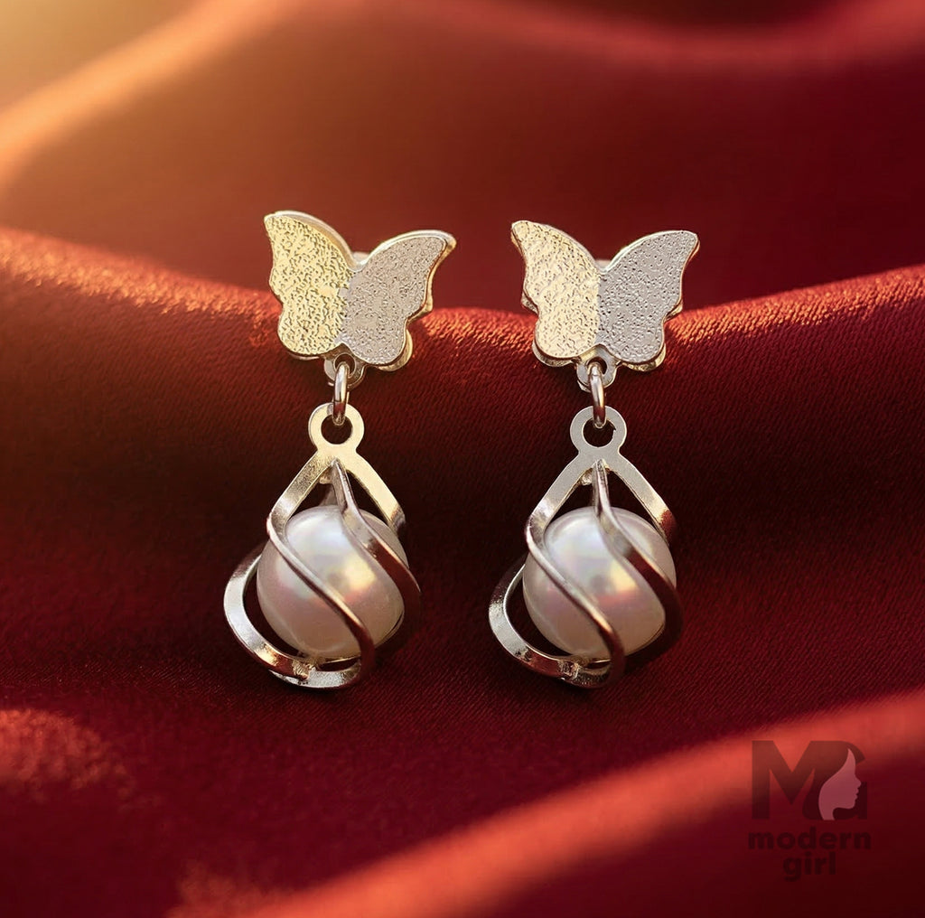Elegant Butterfly Pearl Drop Earrings