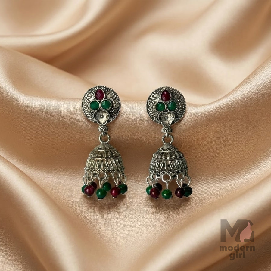 Antique Silver Jhumka Earrings with Multi-Stone Beads