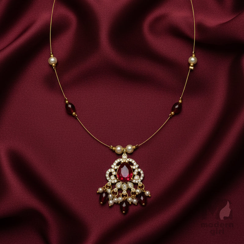 Invisible Chain Necklace with Ruby Pendant & Pearls